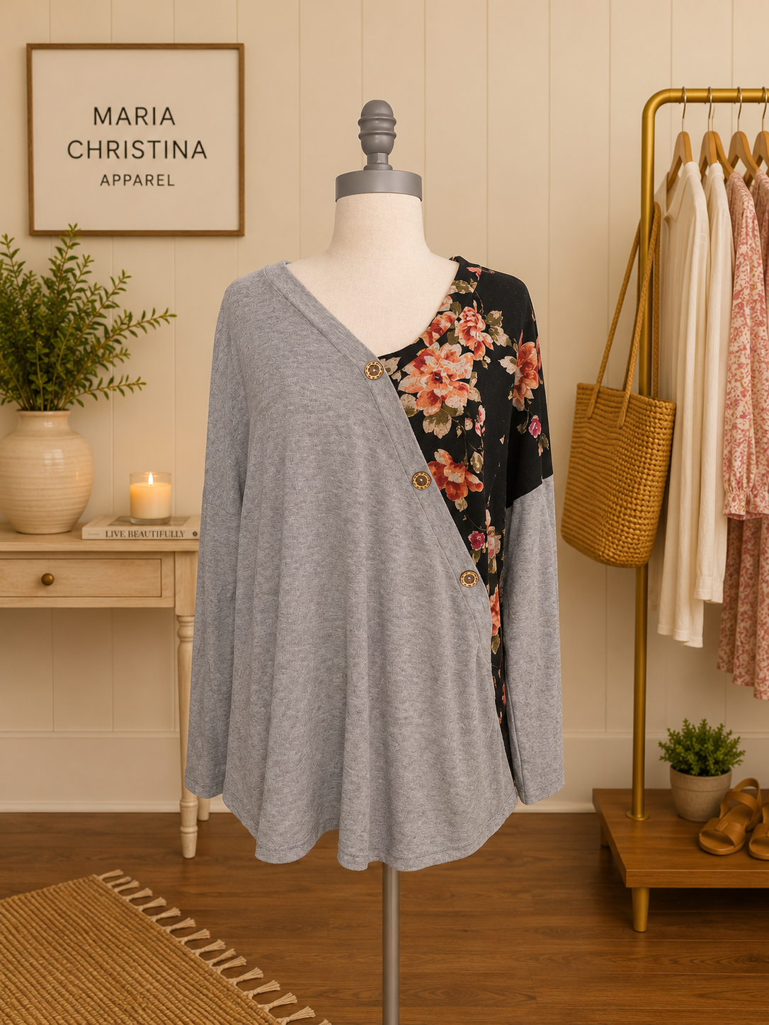 Gray Skies Floral Button Sweater