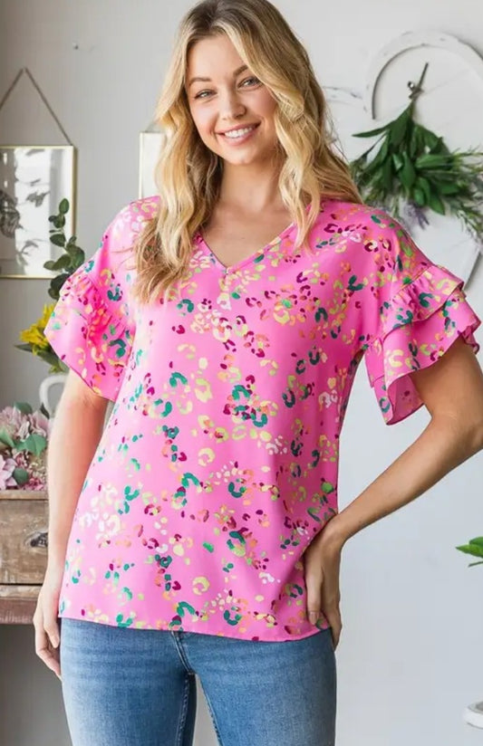Pink Multi Print Ruffle Sleeve Top