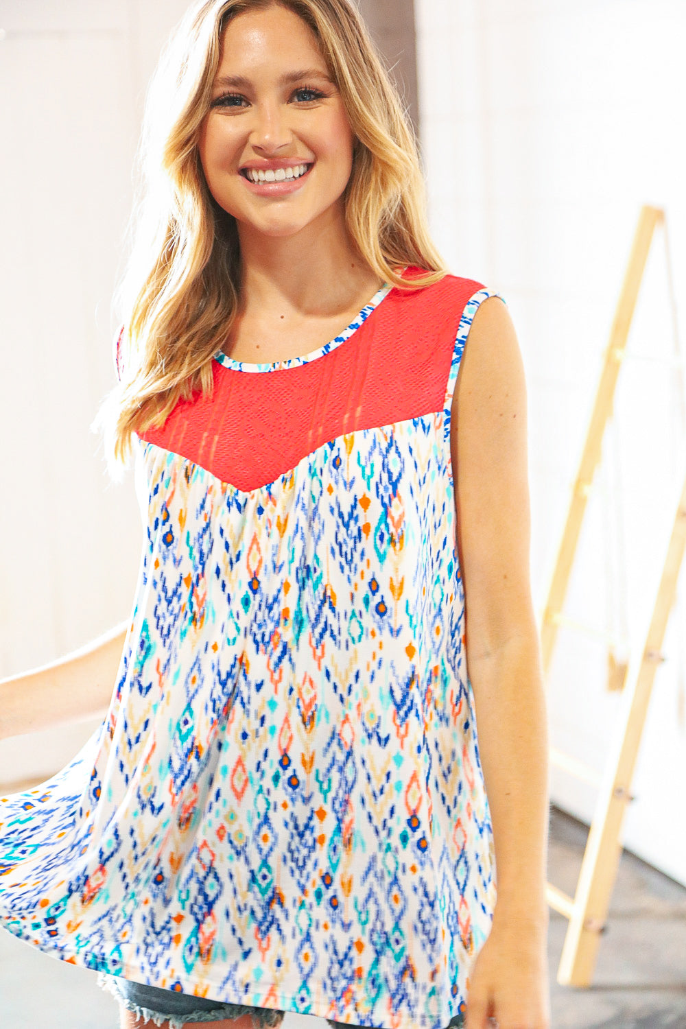 Coral Jacquard Lace Ethnic Print Tank Top