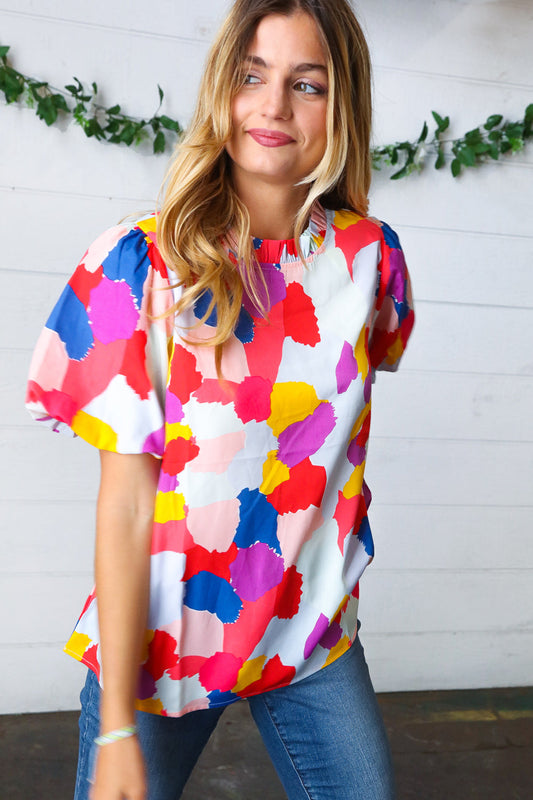 Multicolor Print Frilled Mock Neck Puff Sleeve Top