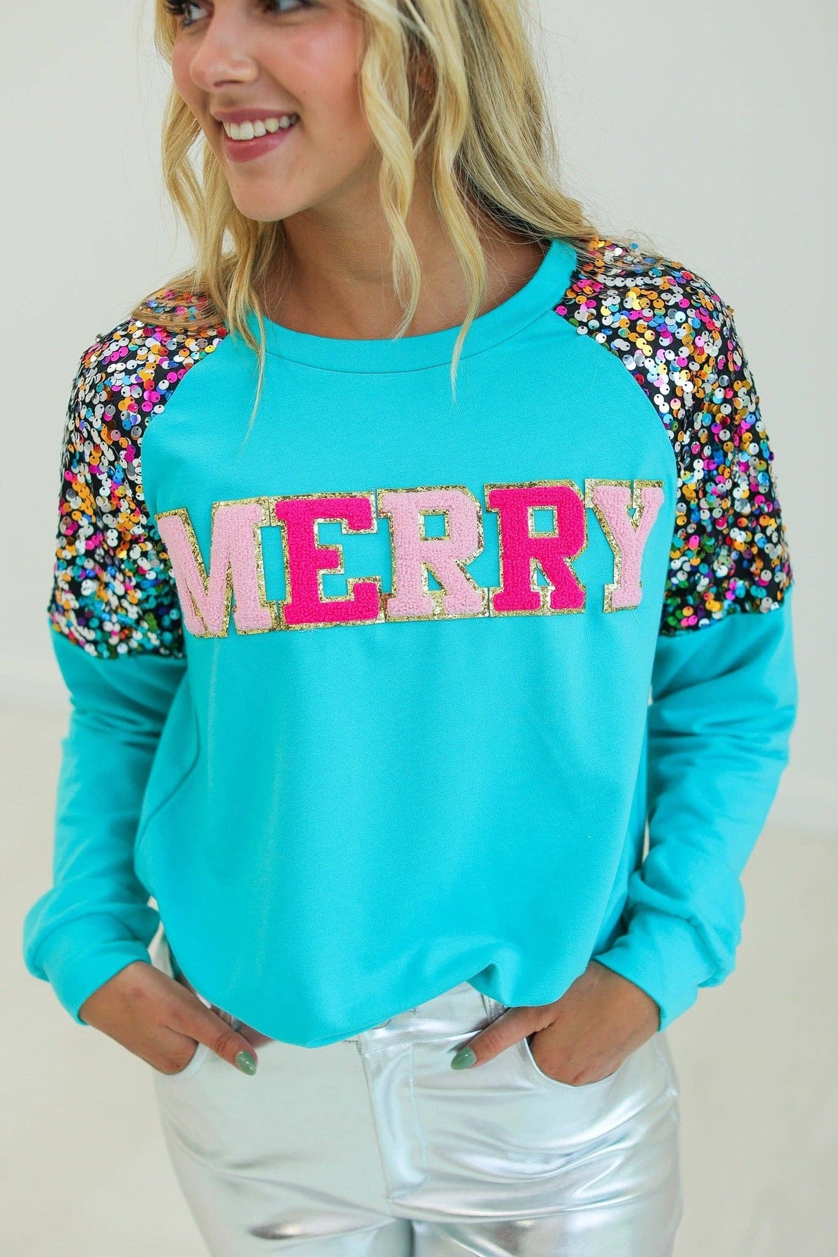 Merry & Bright Sequin Sleeve Sweatshirt - Turquoise