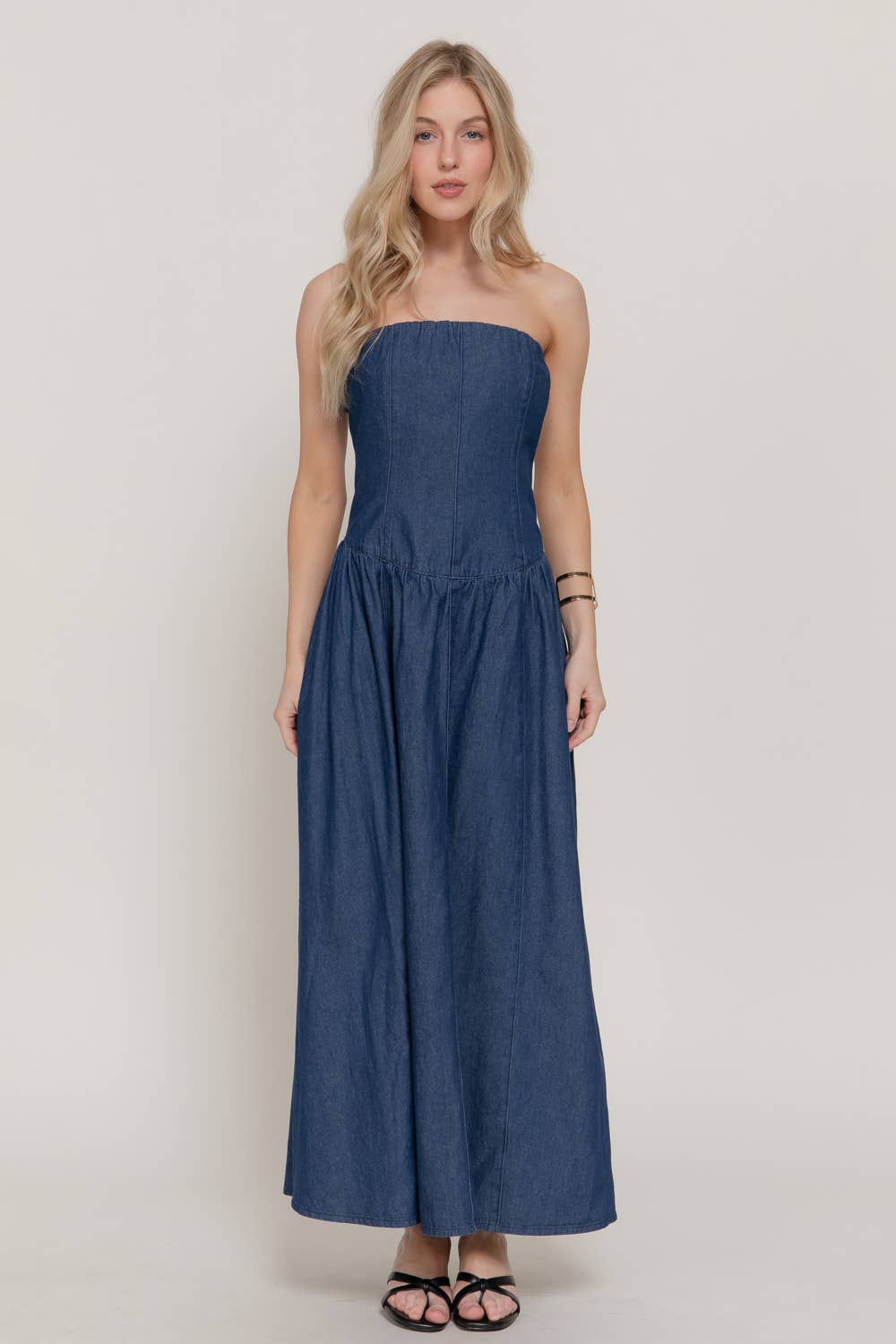 Effortless Elegance Strapless Denim Midi Dress