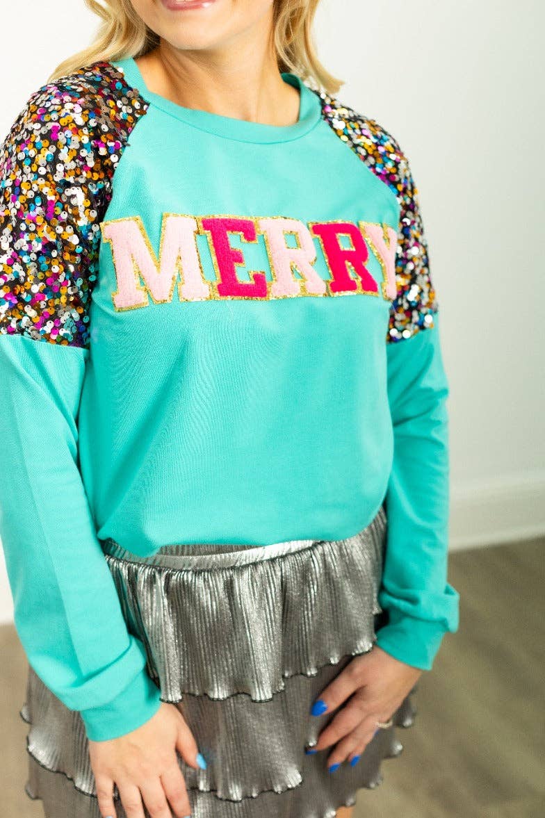 Merry & Bright Sequin Sleeve Sweatshirt - Turquoise