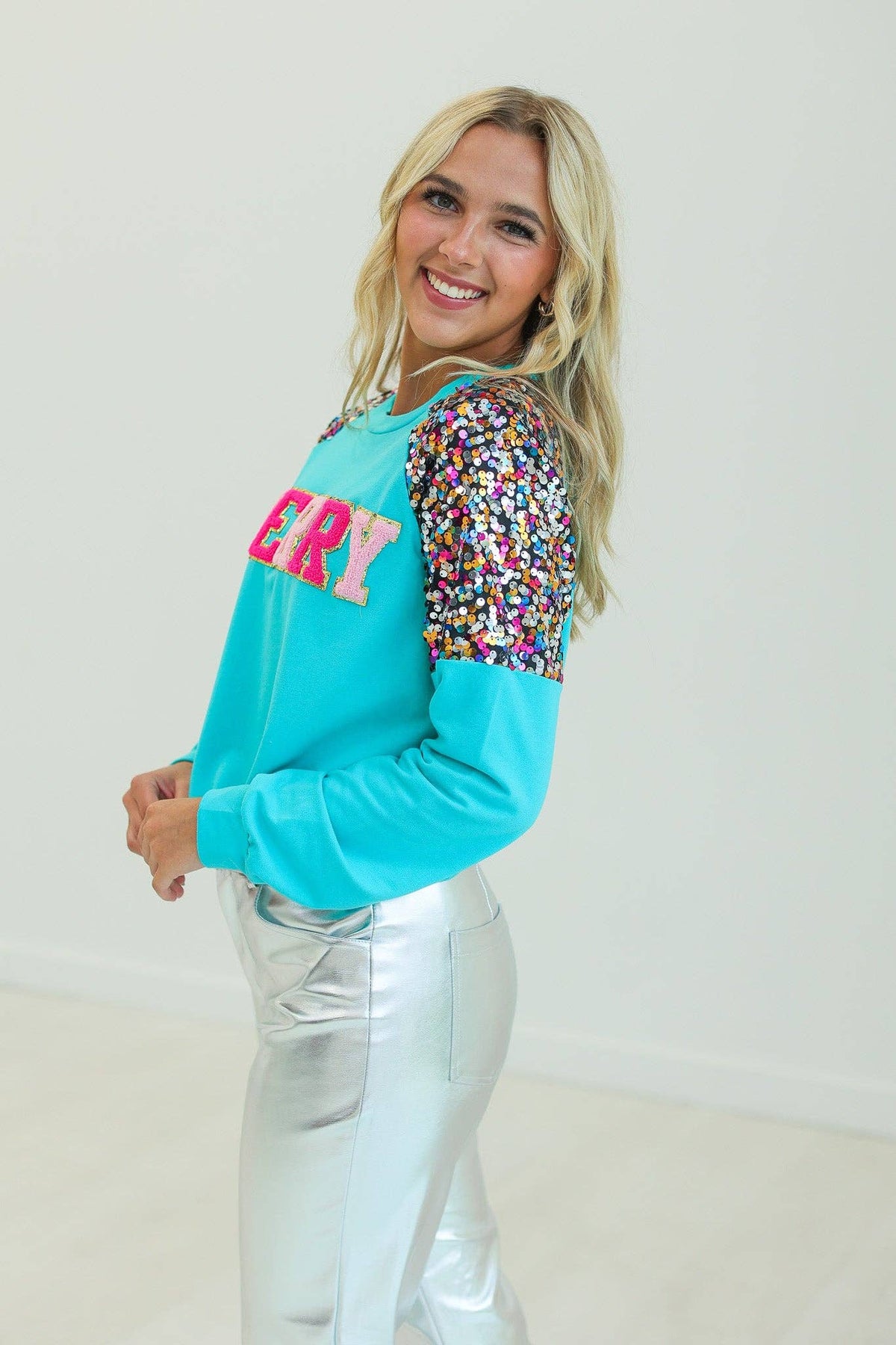 Merry & Bright Sequin Sleeve Sweatshirt - Turquoise