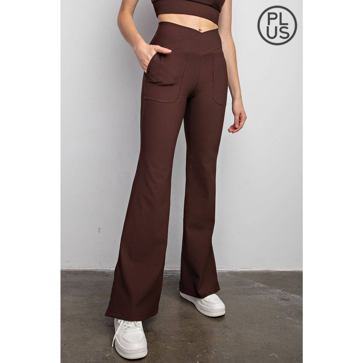 Flare Affair V-Waist Flared Leggings in Brown - Plus Size