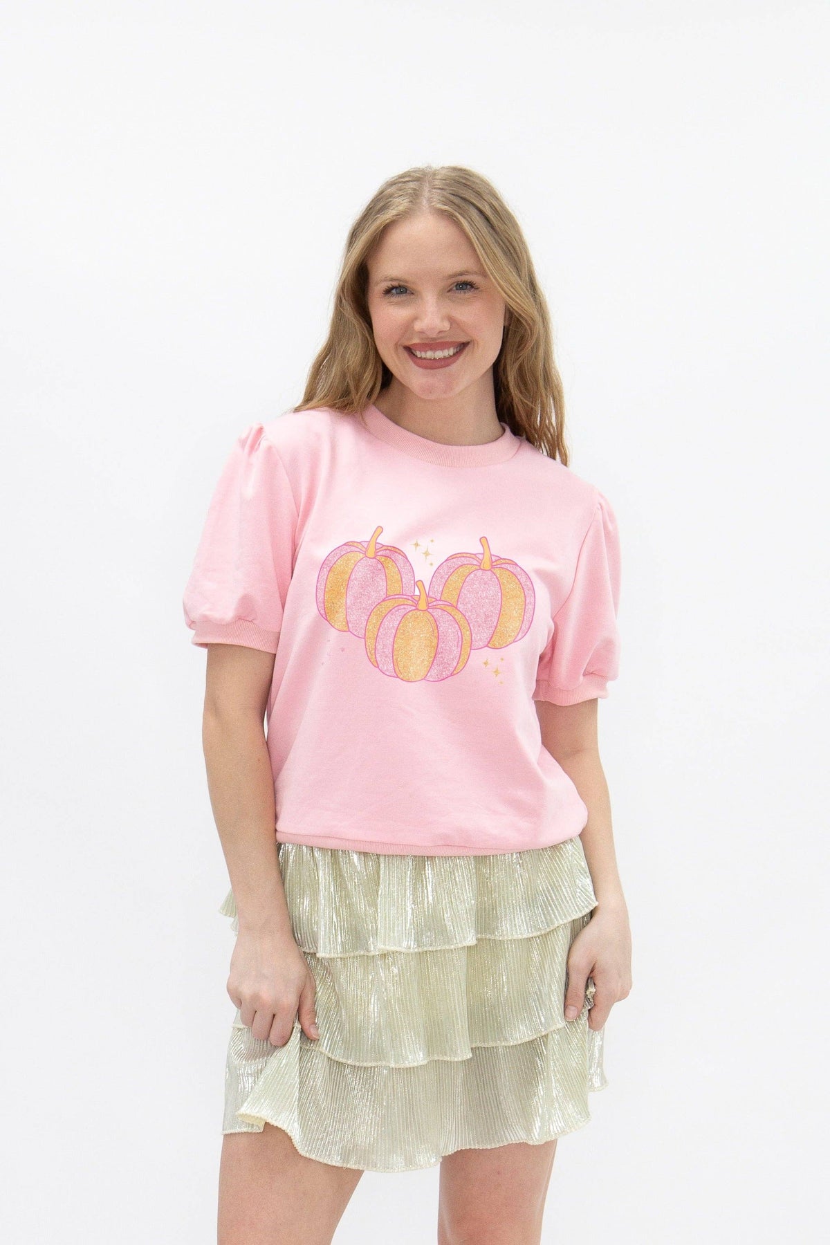 Glitter Gourd-geous Pink Puff Sleeve Top