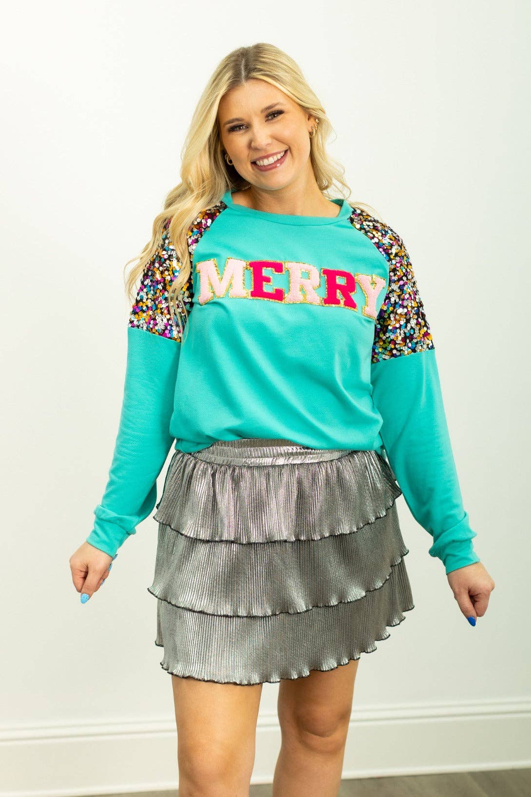 Merry & Bright Sequin Sleeve Sweatshirt - Turquoise