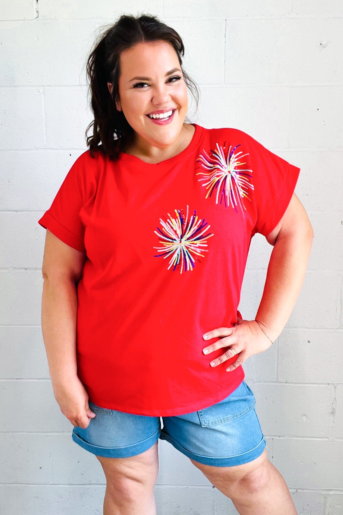 Light Me Up Red Sequin Firework Dolman Top