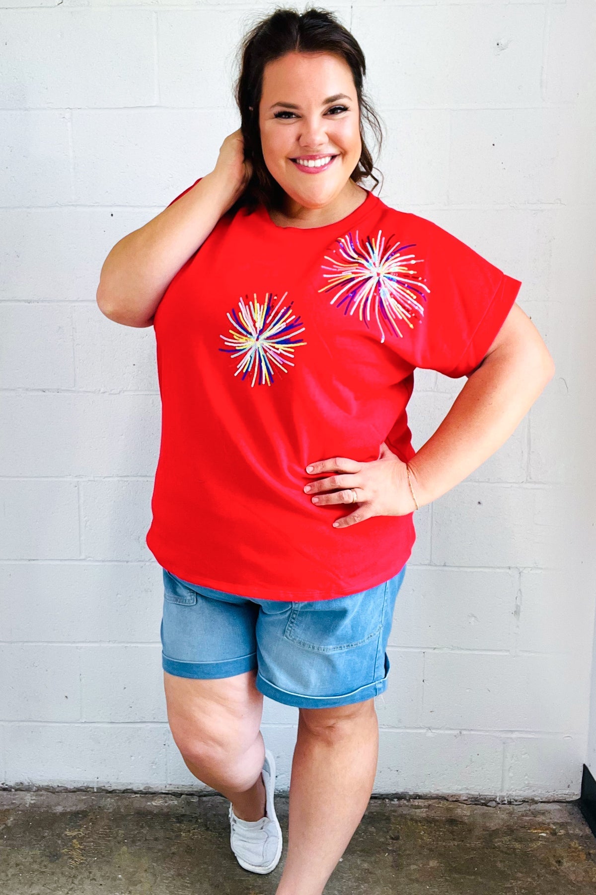 Light Me Up Red Sequin Firework Dolman Top