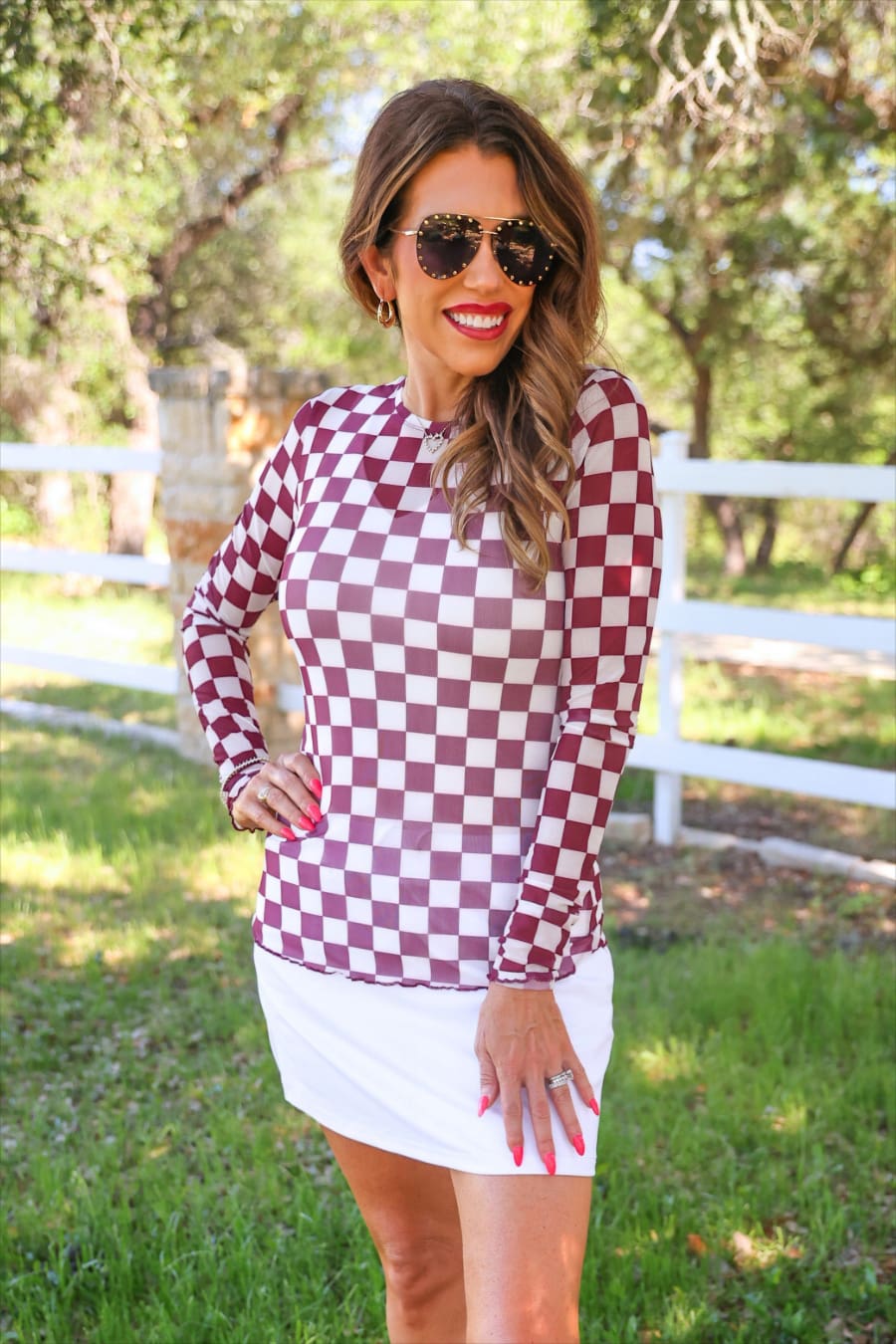 Alyssa Mesh Top- Maroon Checkered