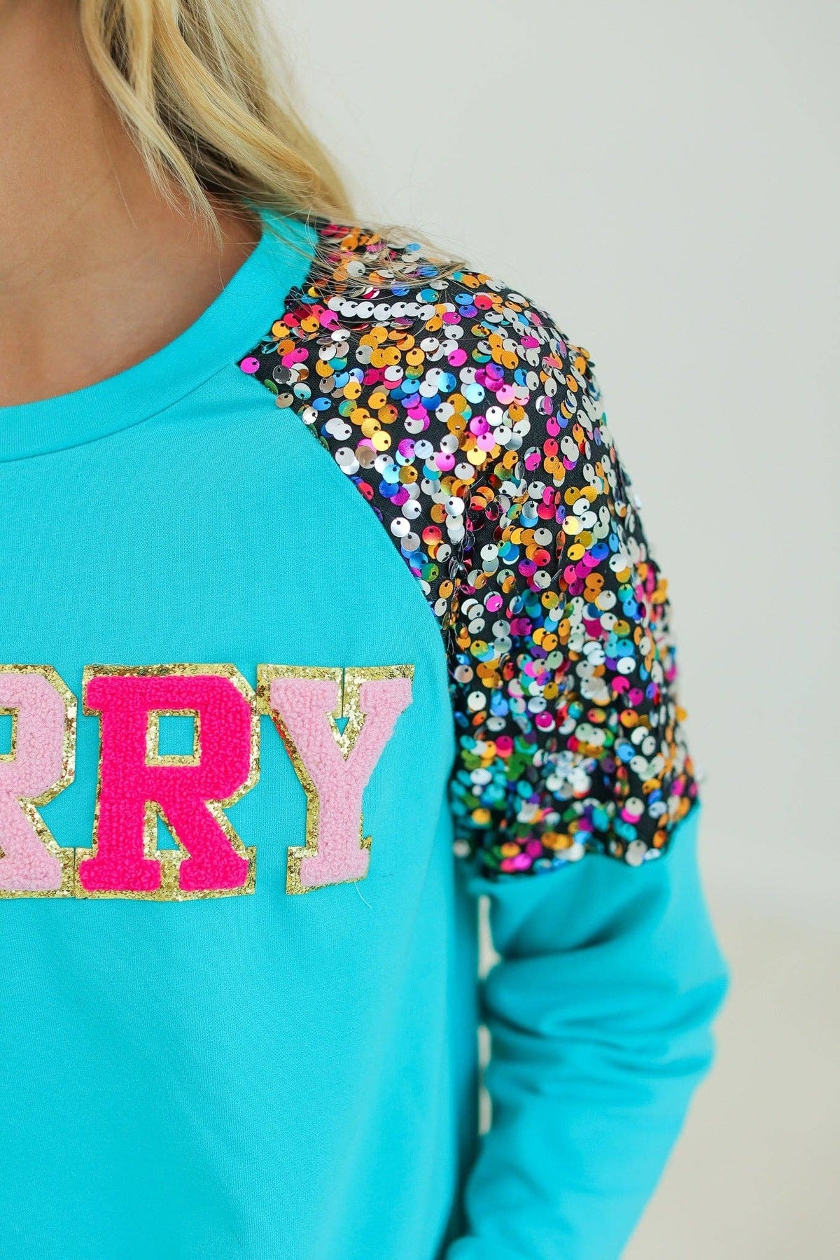 Merry & Bright Sequin Sleeve Sweatshirt - Turquoise