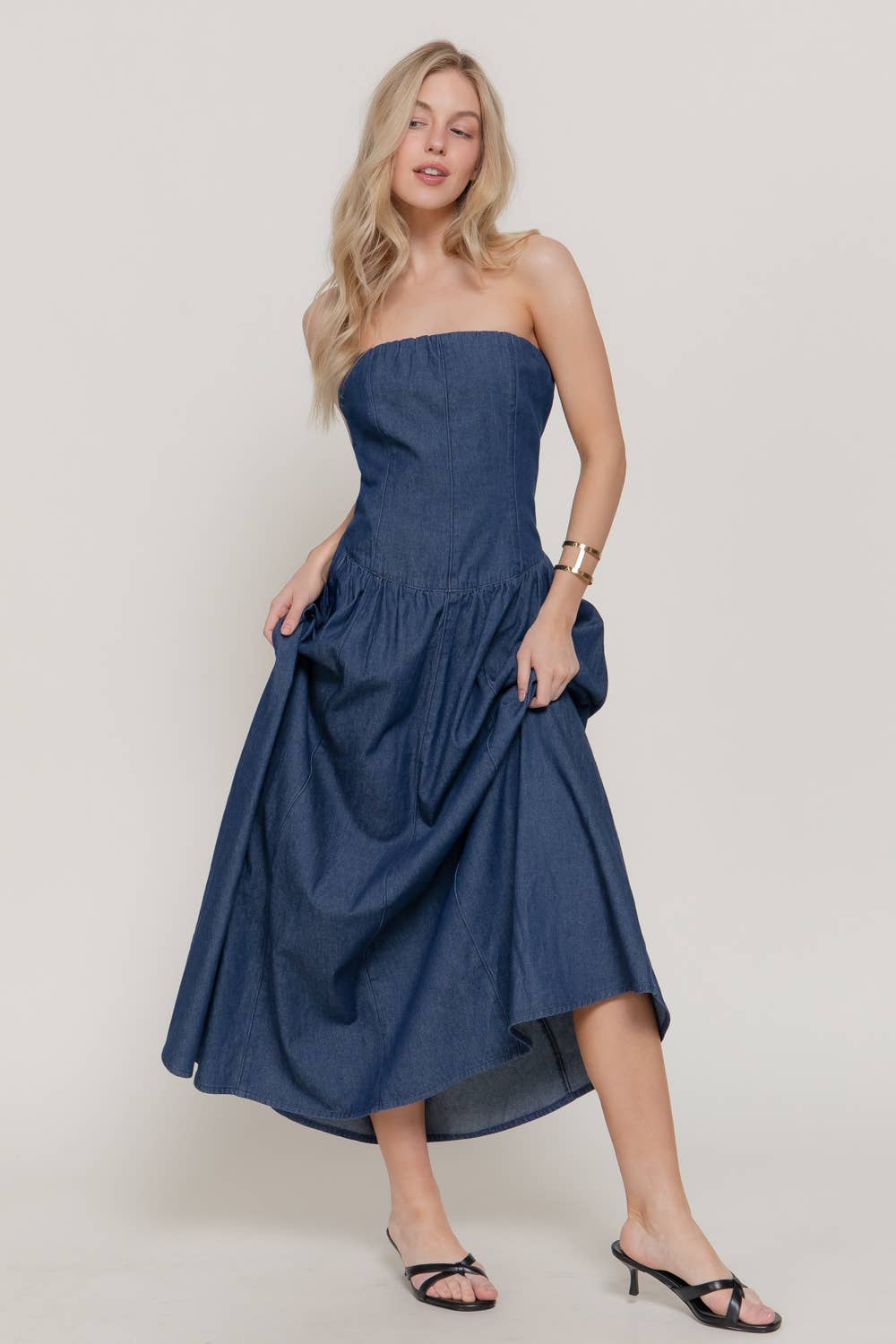 Effortless Elegance Strapless Denim Midi Dress