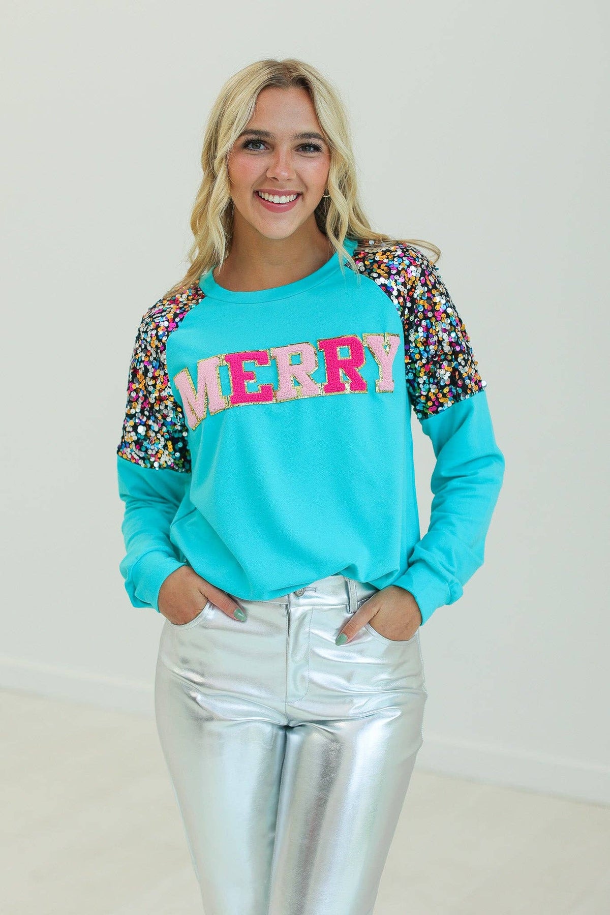 Merry & Bright Sequin Sleeve Sweatshirt - Turquoise