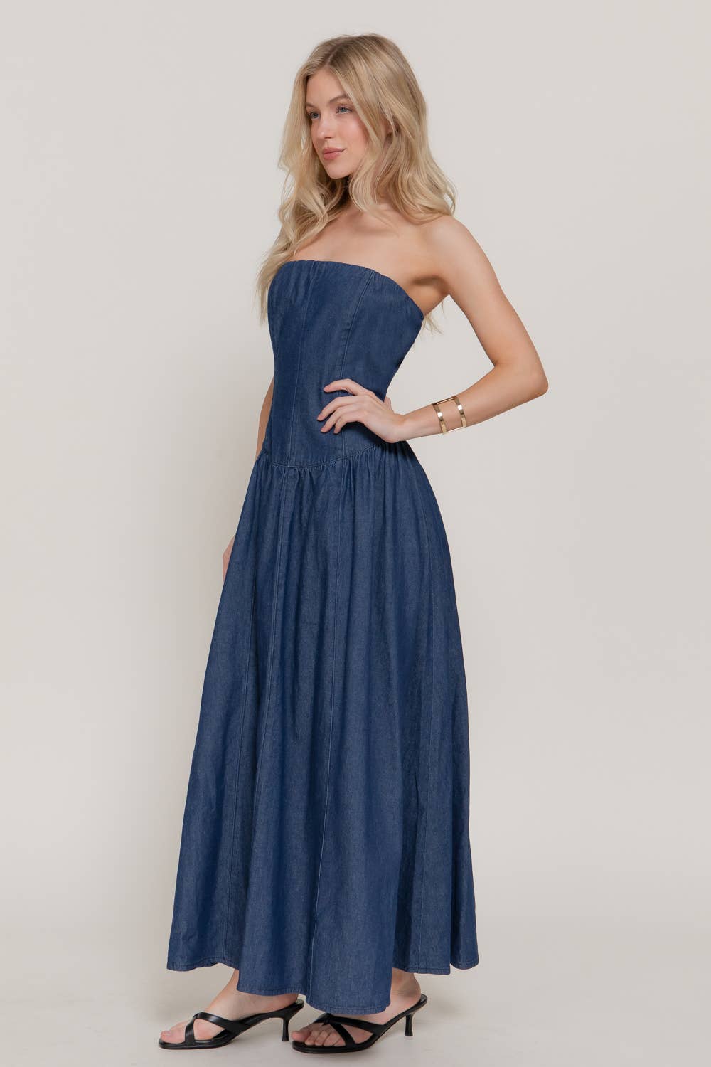 Effortless Elegance Strapless Denim Midi Dress