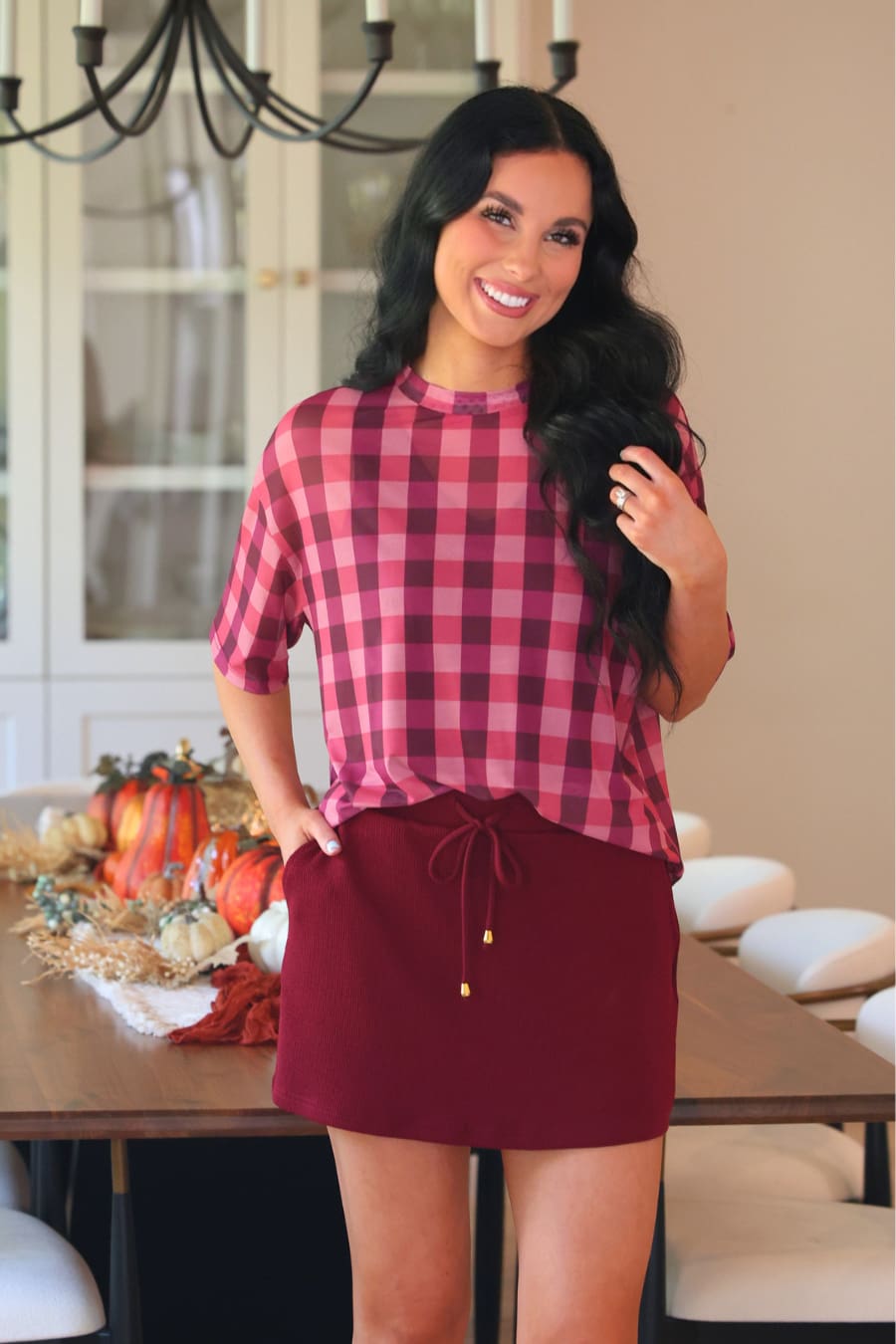 Emma Mesh Tee- Cranberry Gingham