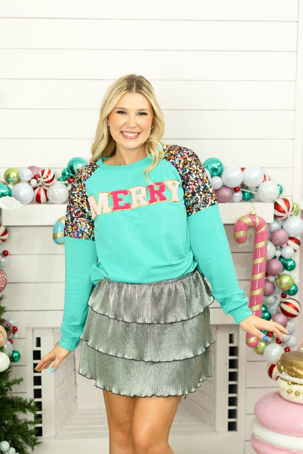 Merry & Bright Sequin Sleeve Sweatshirt - Turquoise