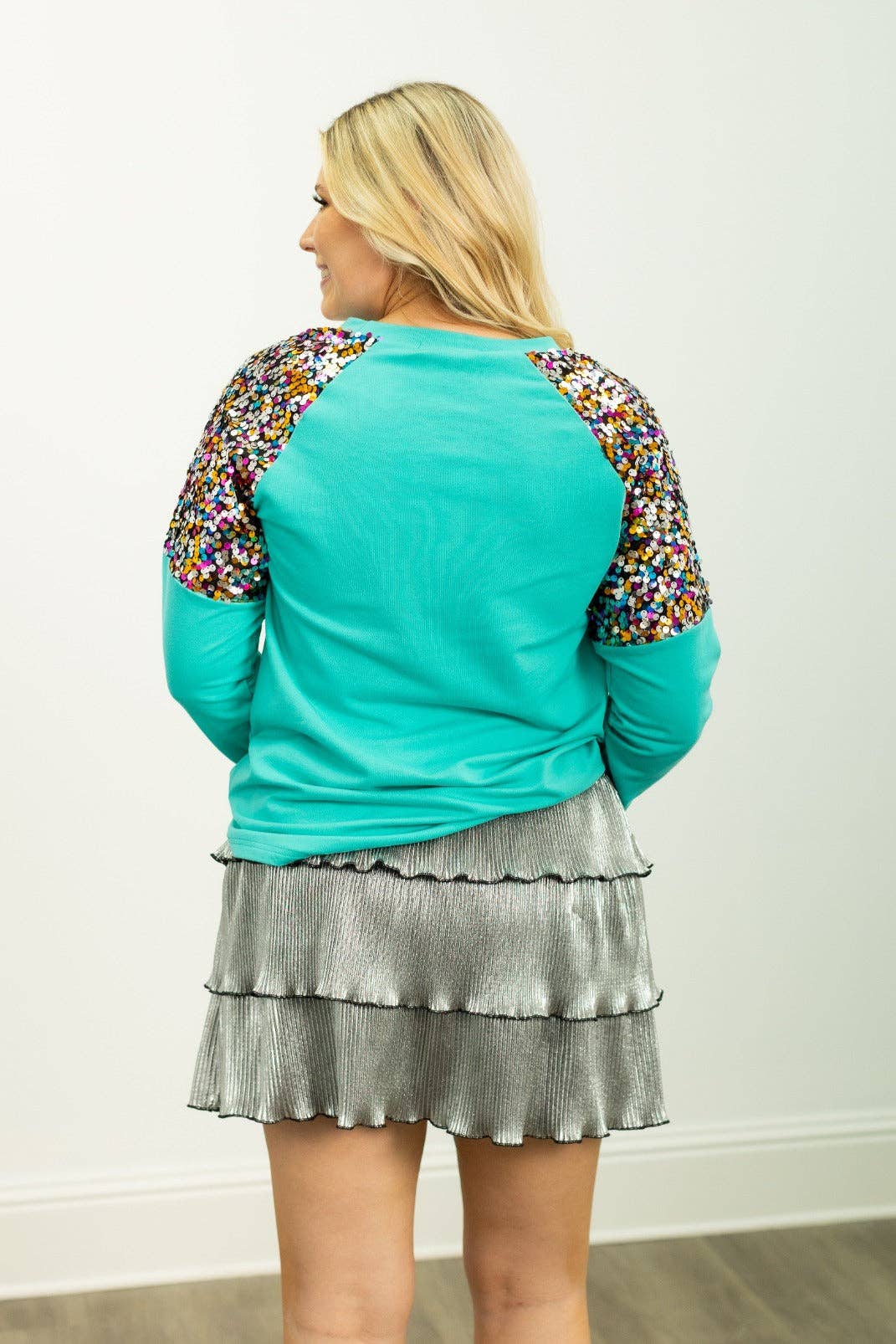 Merry & Bright Sequin Sleeve Sweatshirt - Turquoise