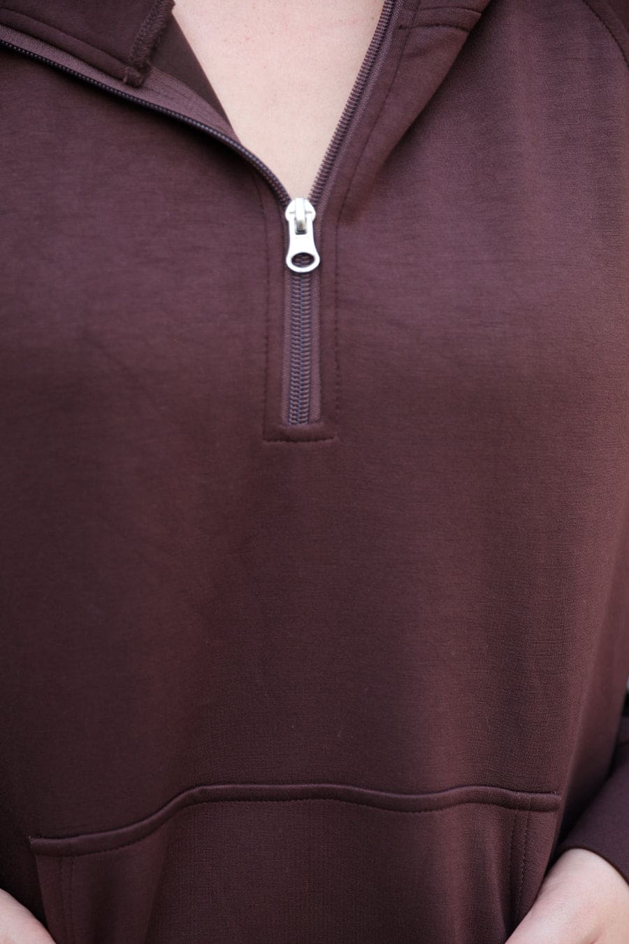 Kayla Luxe Hooded Quarter Zip Pullover- Chocolate