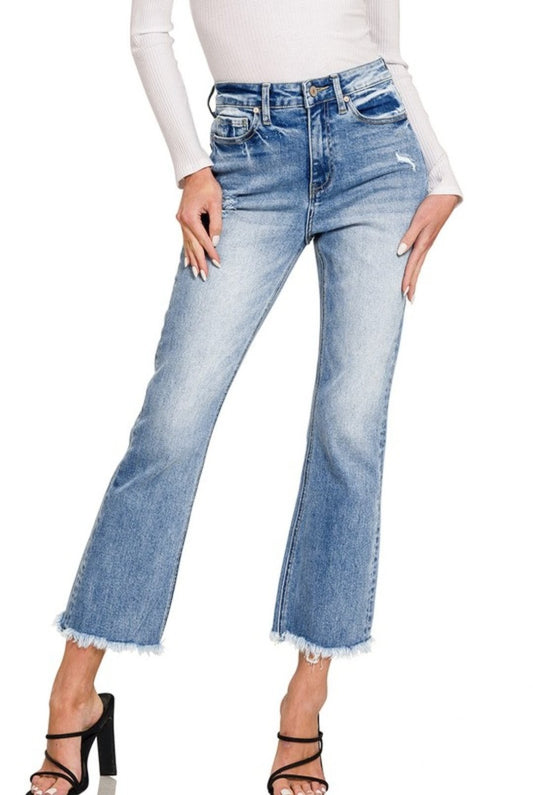 High Rise Straight Raw Hem Cropped Denim Jeans