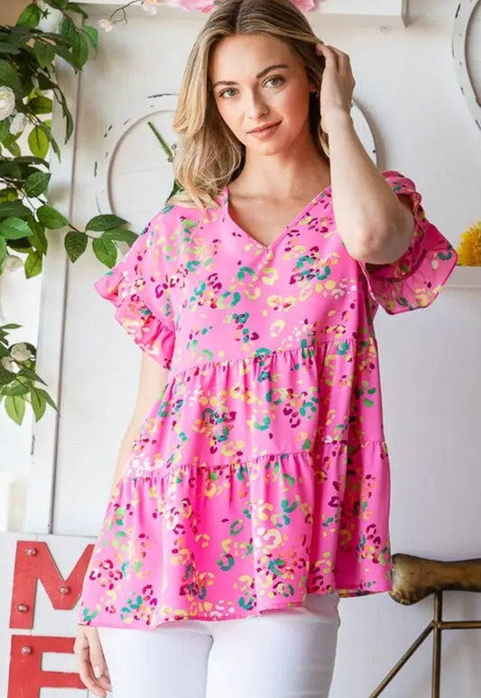 Pink Multi Print Ruffle Sleeve Top