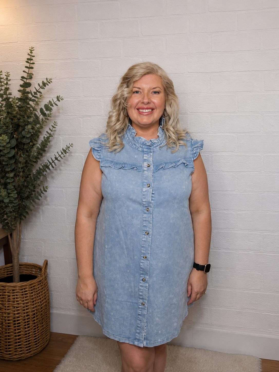 Ruffle Sleeve Denim Button Front Dress