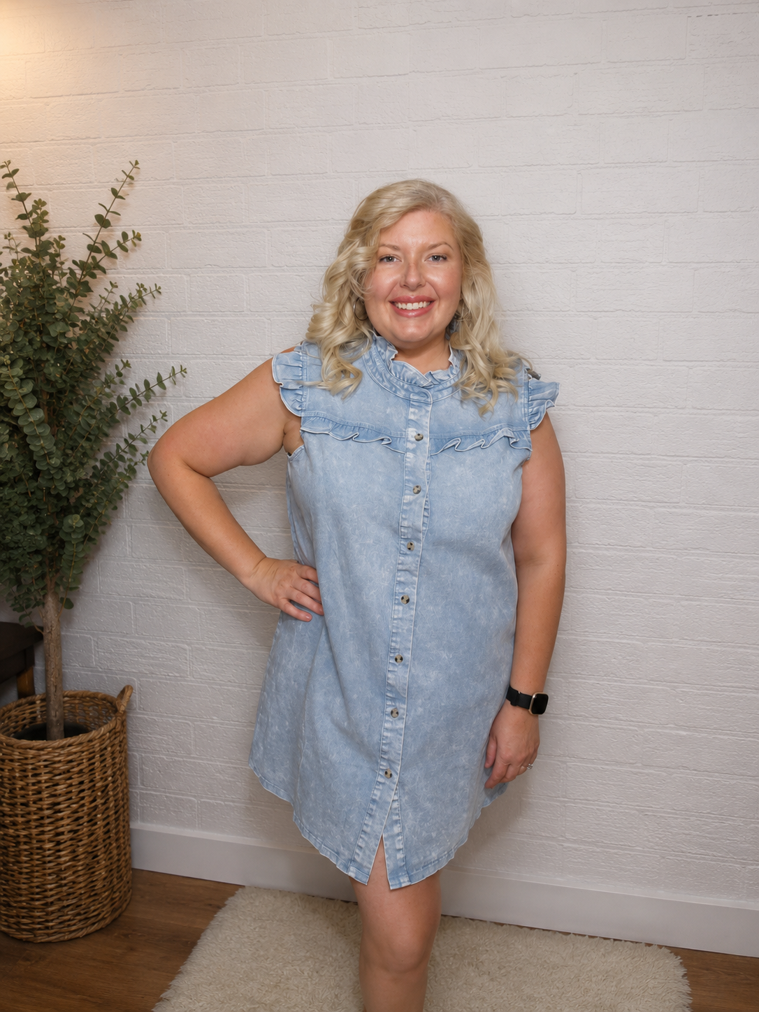 Ruffle Sleeve Denim Button Front Dress