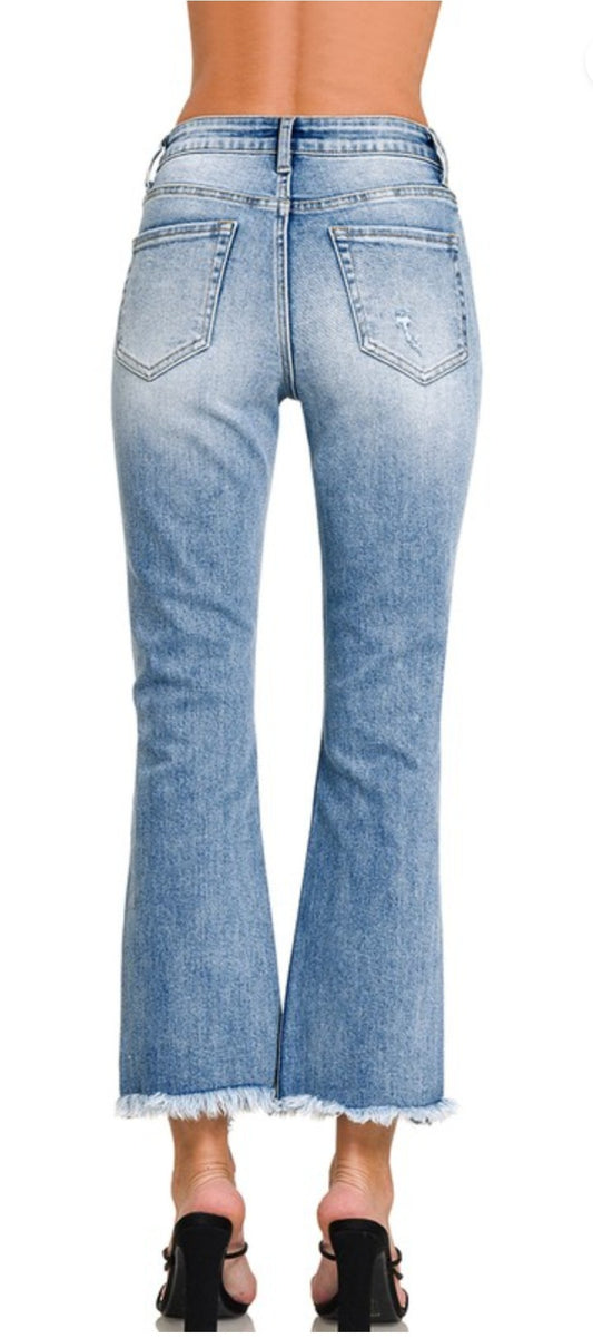 High Rise Straight Raw Hem Cropped Denim Jeans