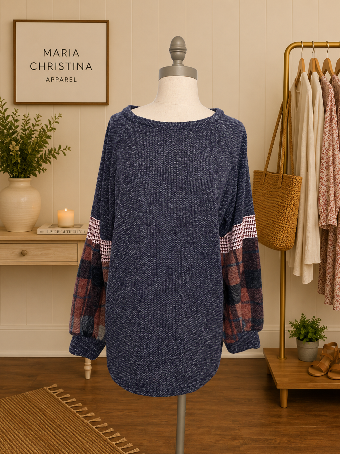 Waffle Wonderful Plaid Colorblock Sleeve Top