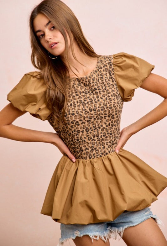 Leopard Puff Sleeve Bubble Peplum Top